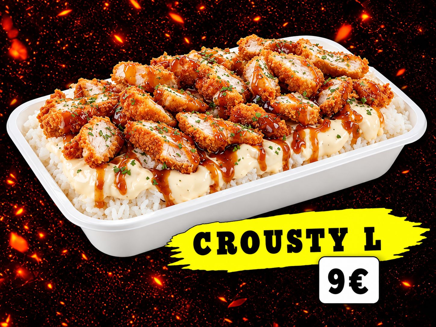 Crousty L : grande barquette de riz et poulet croustillant