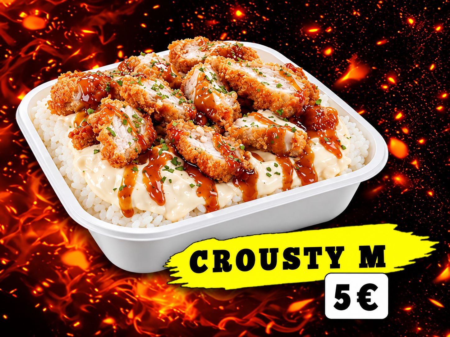 Crousty M : riz, poulet croustillant et sauces