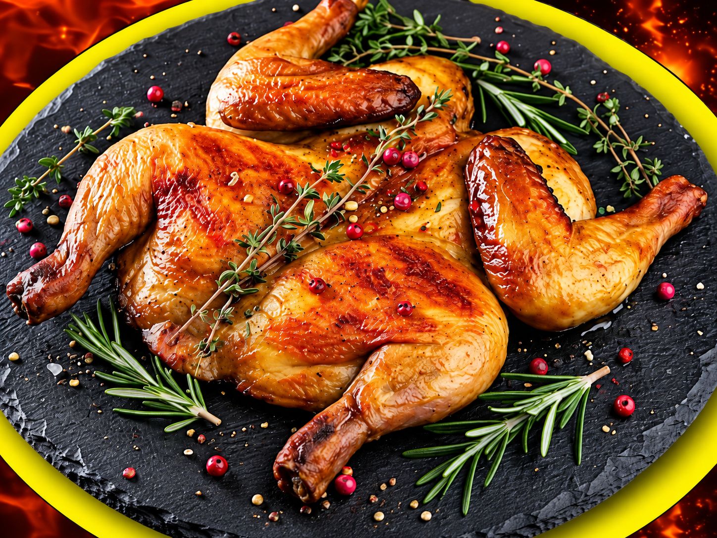 Poulet rôti doré de Crousty Coq, servi sur une assiette noire